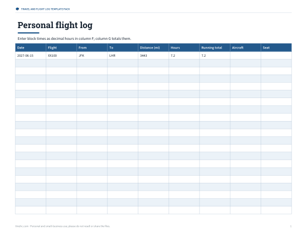 Preview of Printable Flight Log Template