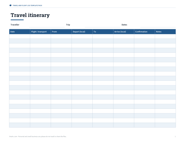 Preview of Printable Travel Itinerary Template