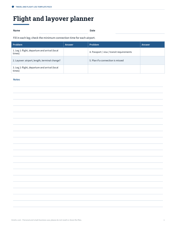 Preview of Printable Layover Planner Worksheet